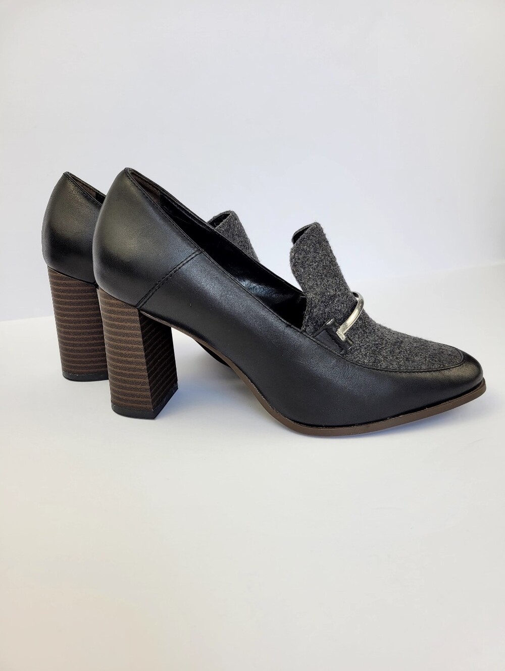 DKNY Leather & Wool Block Heel Loafers Gray Black Women's Size 6.5